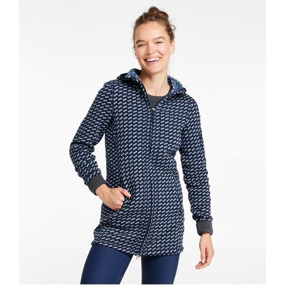 LL Bean Jacket Womens Medium Blue Birdseye Sweater Fleece Coat Full Zip Hood - Picture 1 of 7